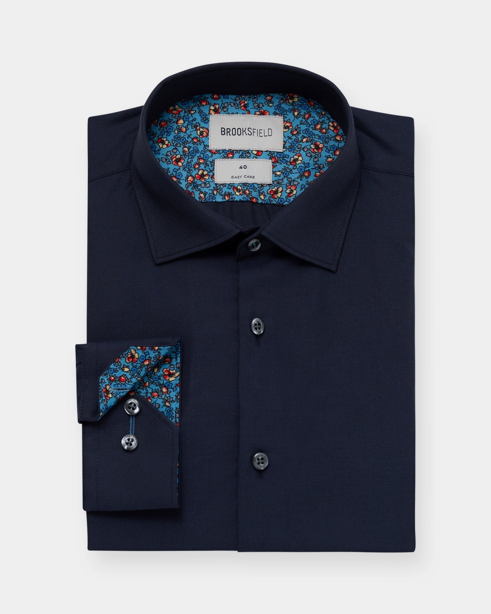 Straight-on shot of the navy regular-fit shirt