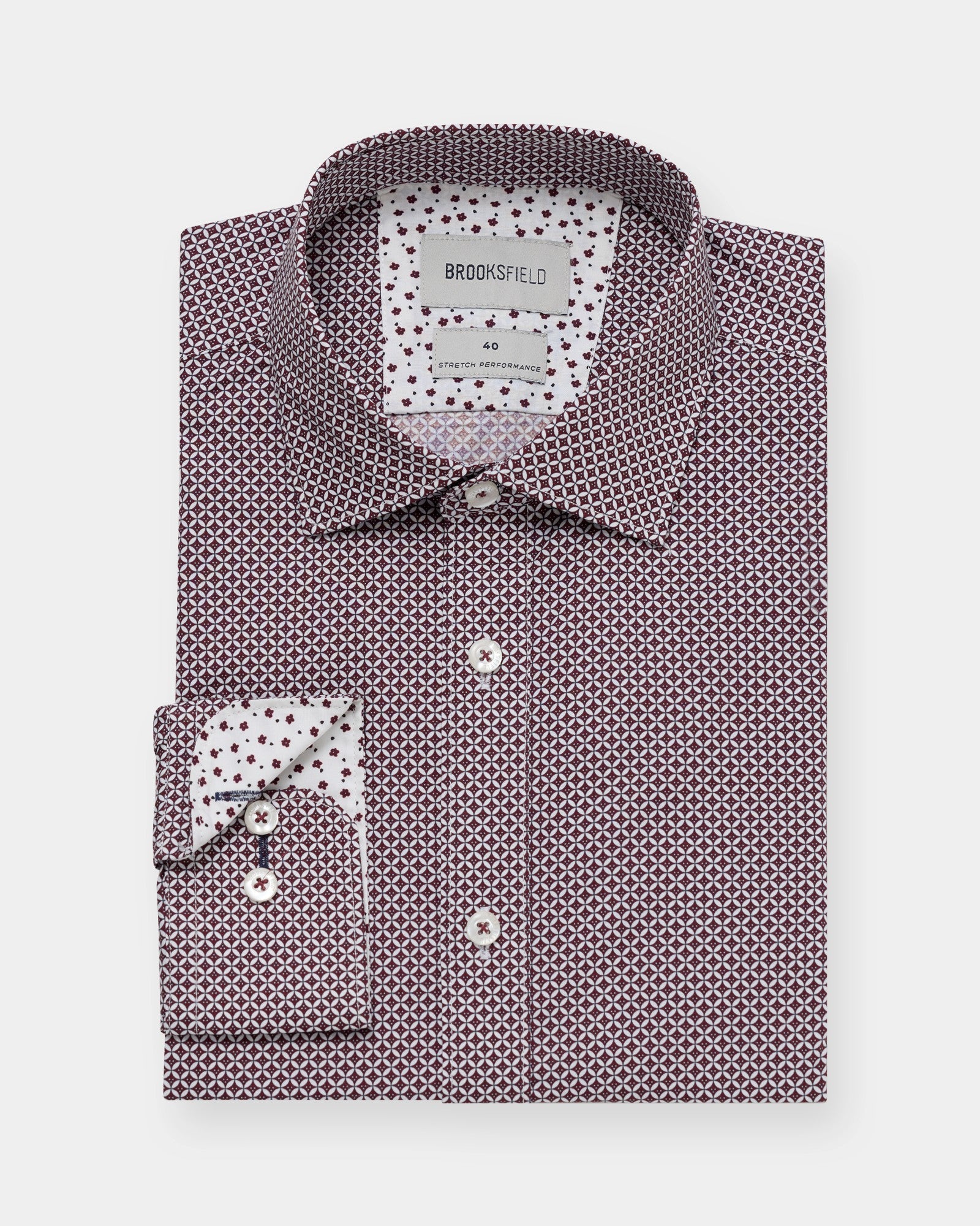Front view of a burgundy shirt with a bold geometric