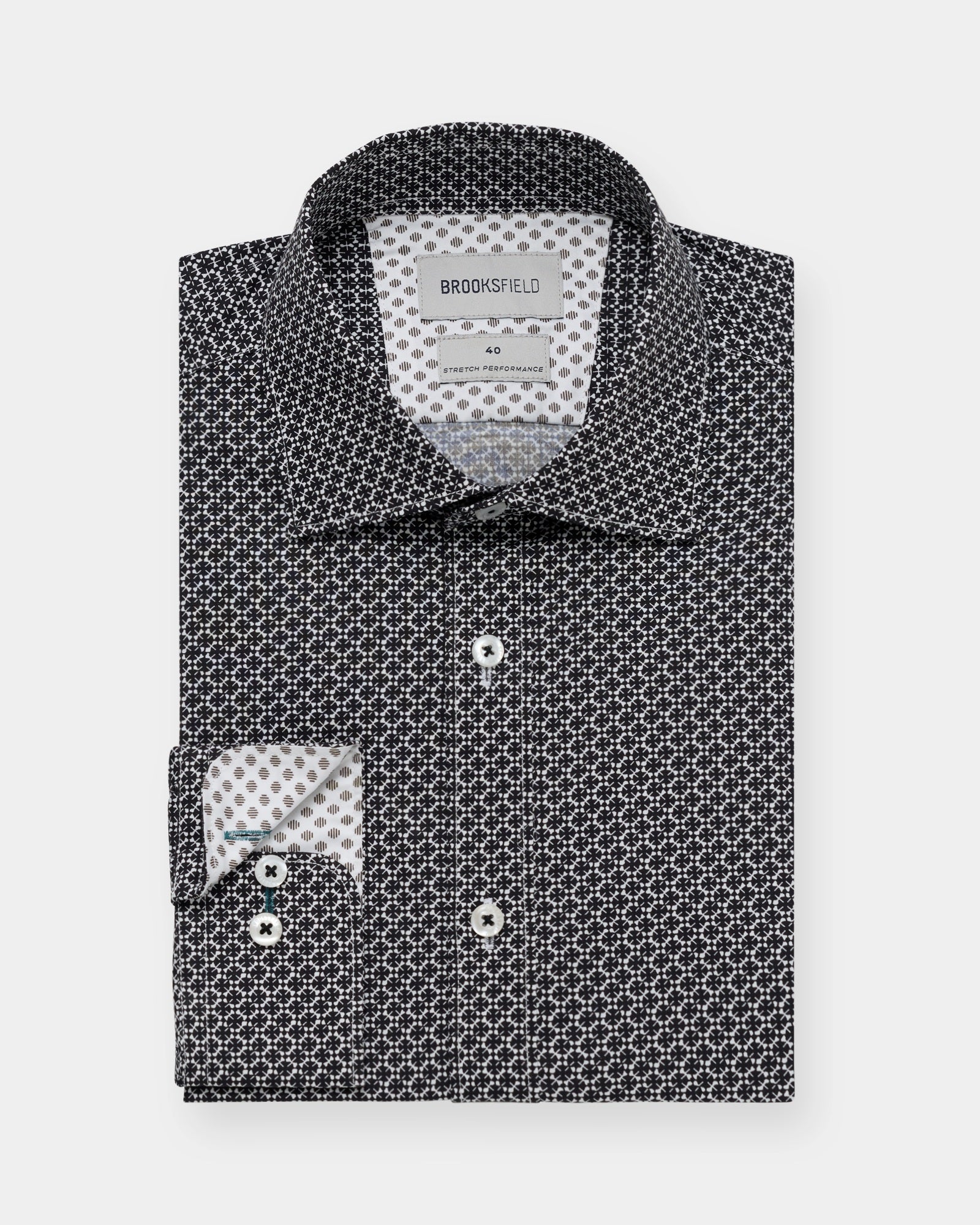 Straight-on view of a black patterned business shirt, sharp professional appearance