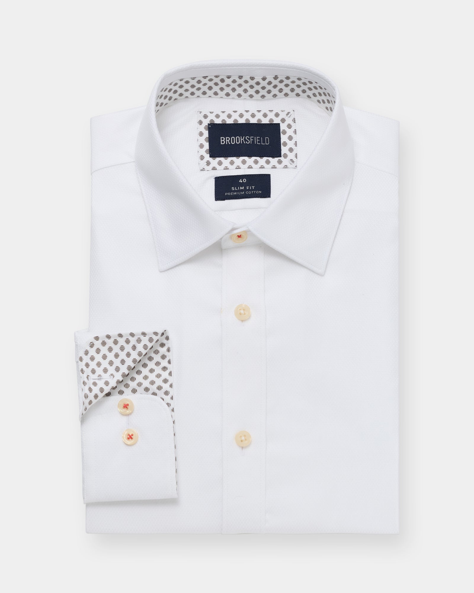 Straight-on view of a white slim-fit business shirt, clean and classic style