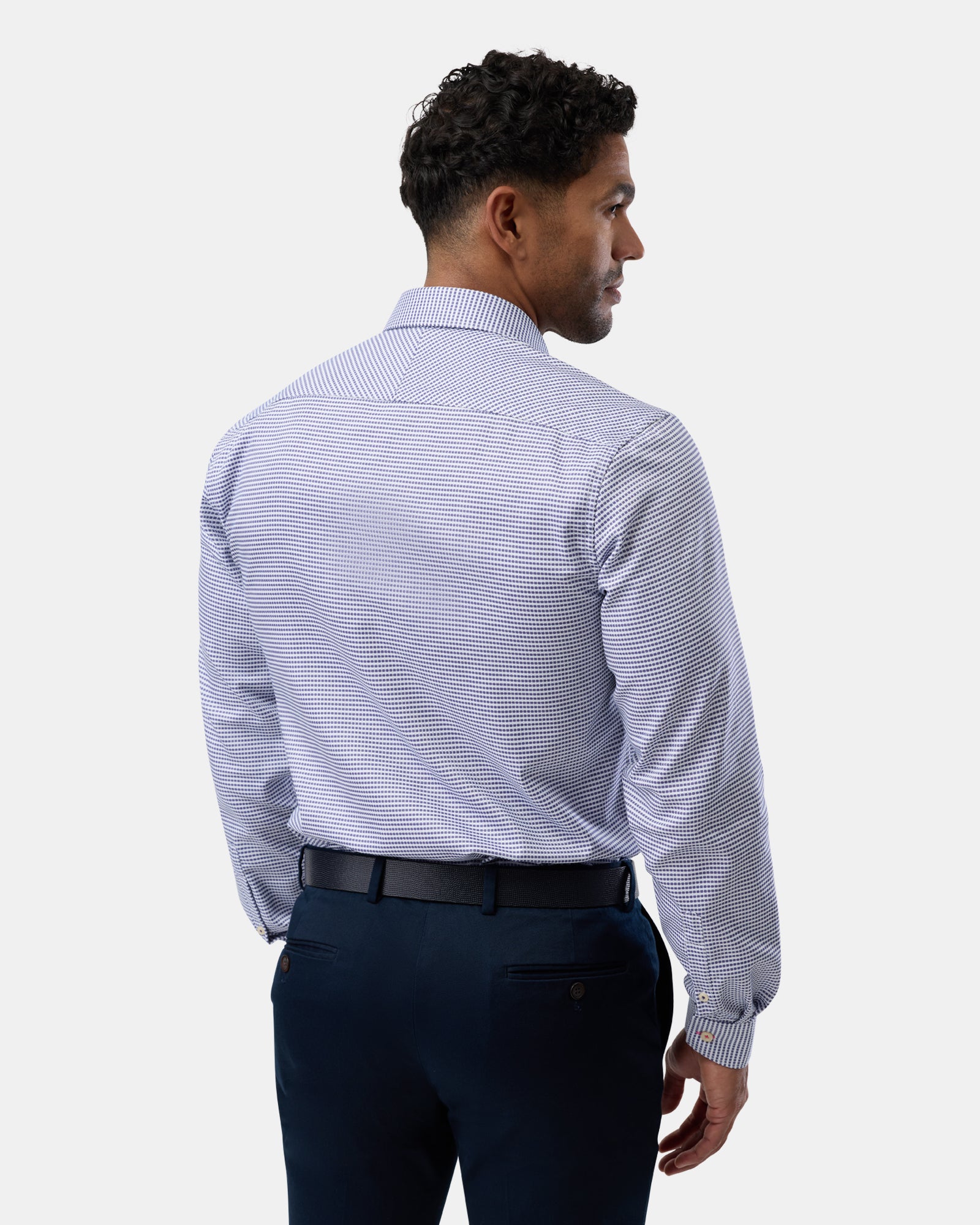 Back view of blue slim-fit checkered business shirt, neat and structured design