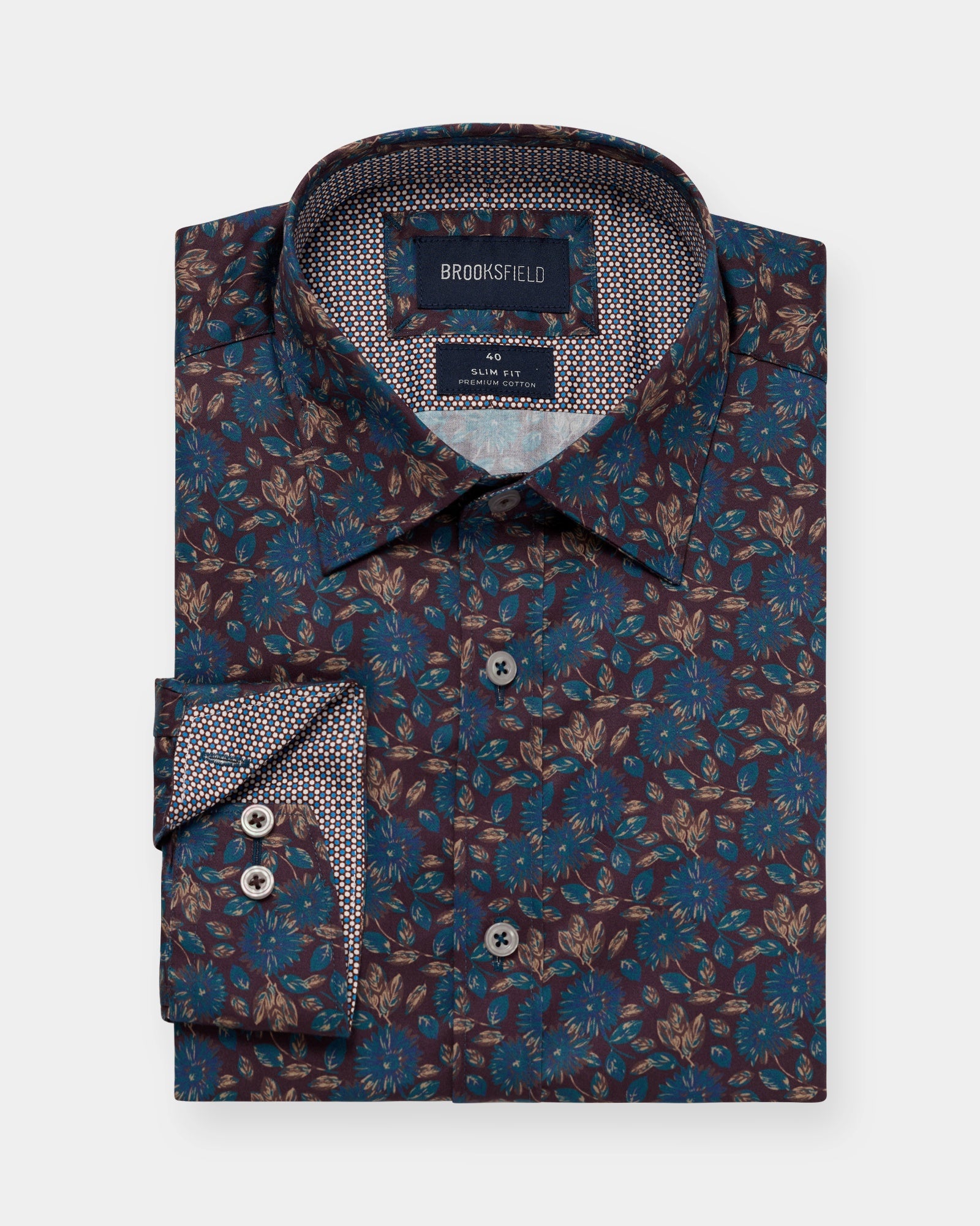 Front shot brown floral patterned slim-fit business shir