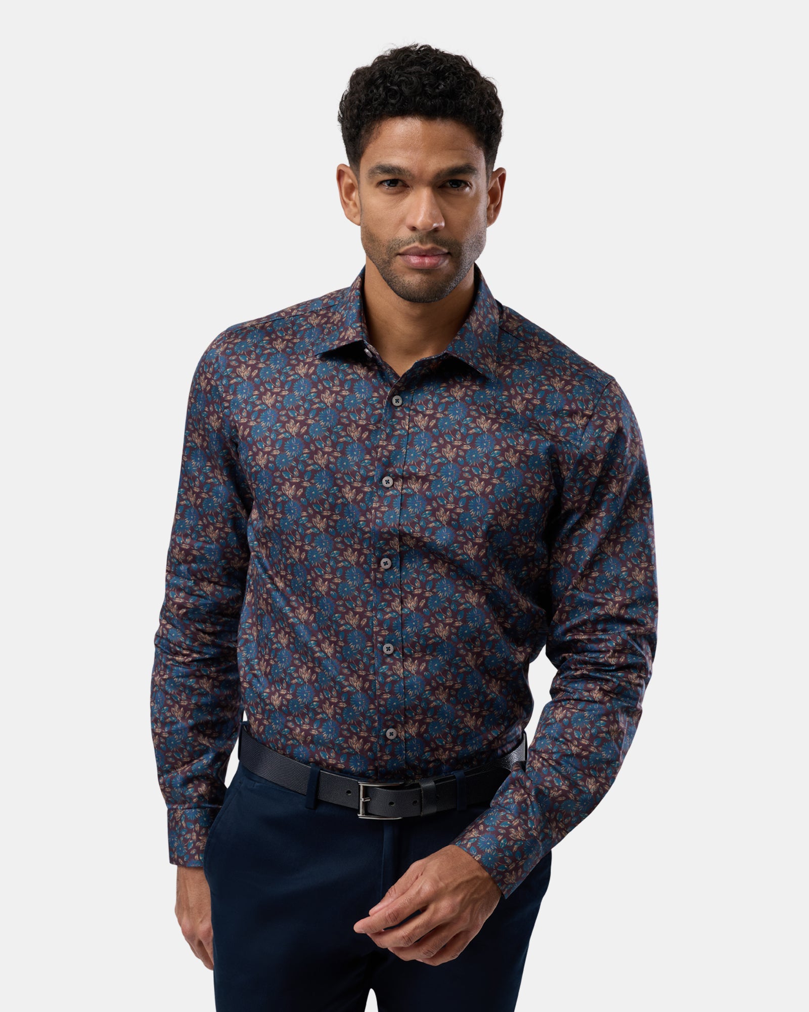 Brown floral slim-fit business shirt shown from the front, sharp professional look