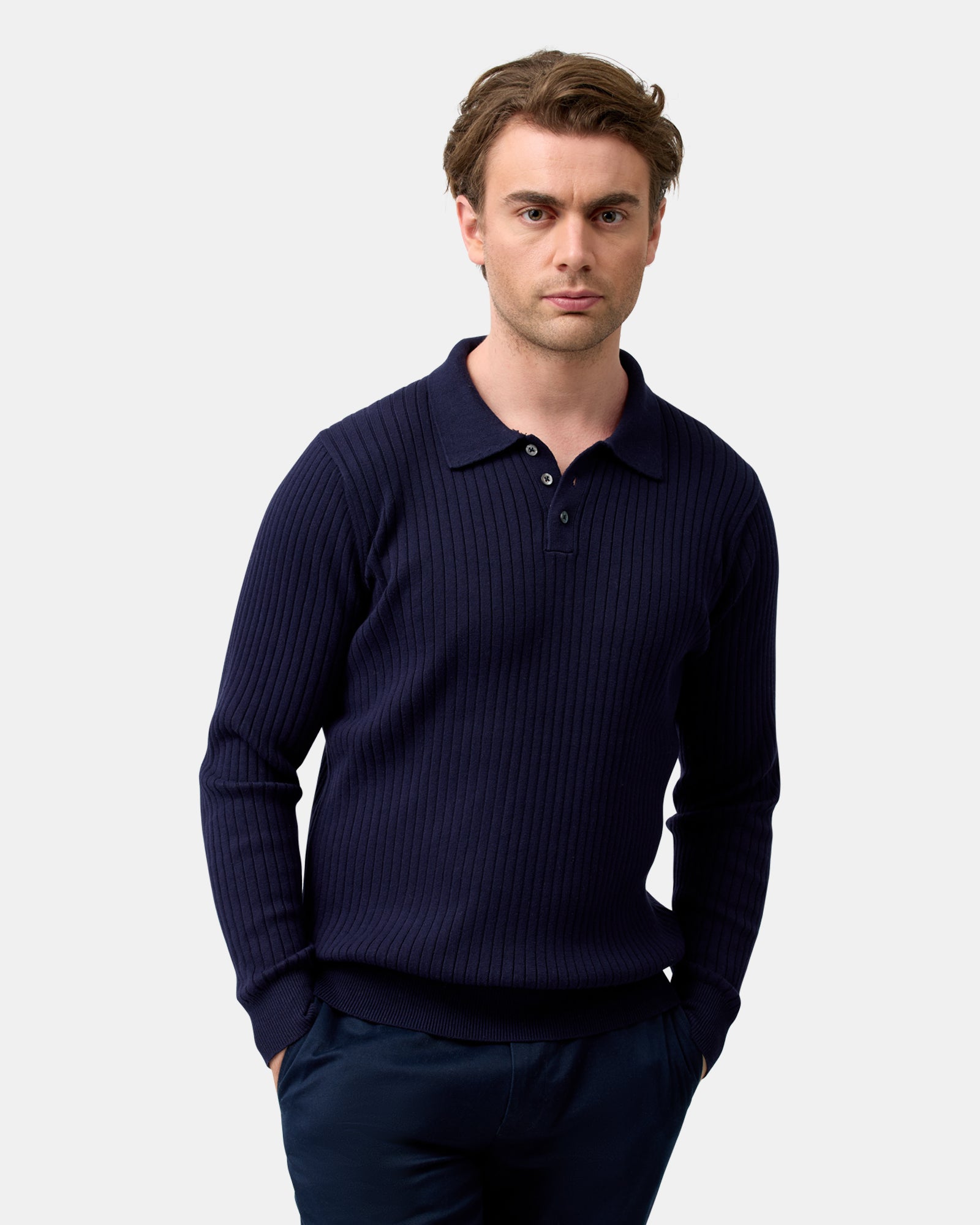 LONG SLEEVE RIBBED POLO KNIT SOFT COTTON