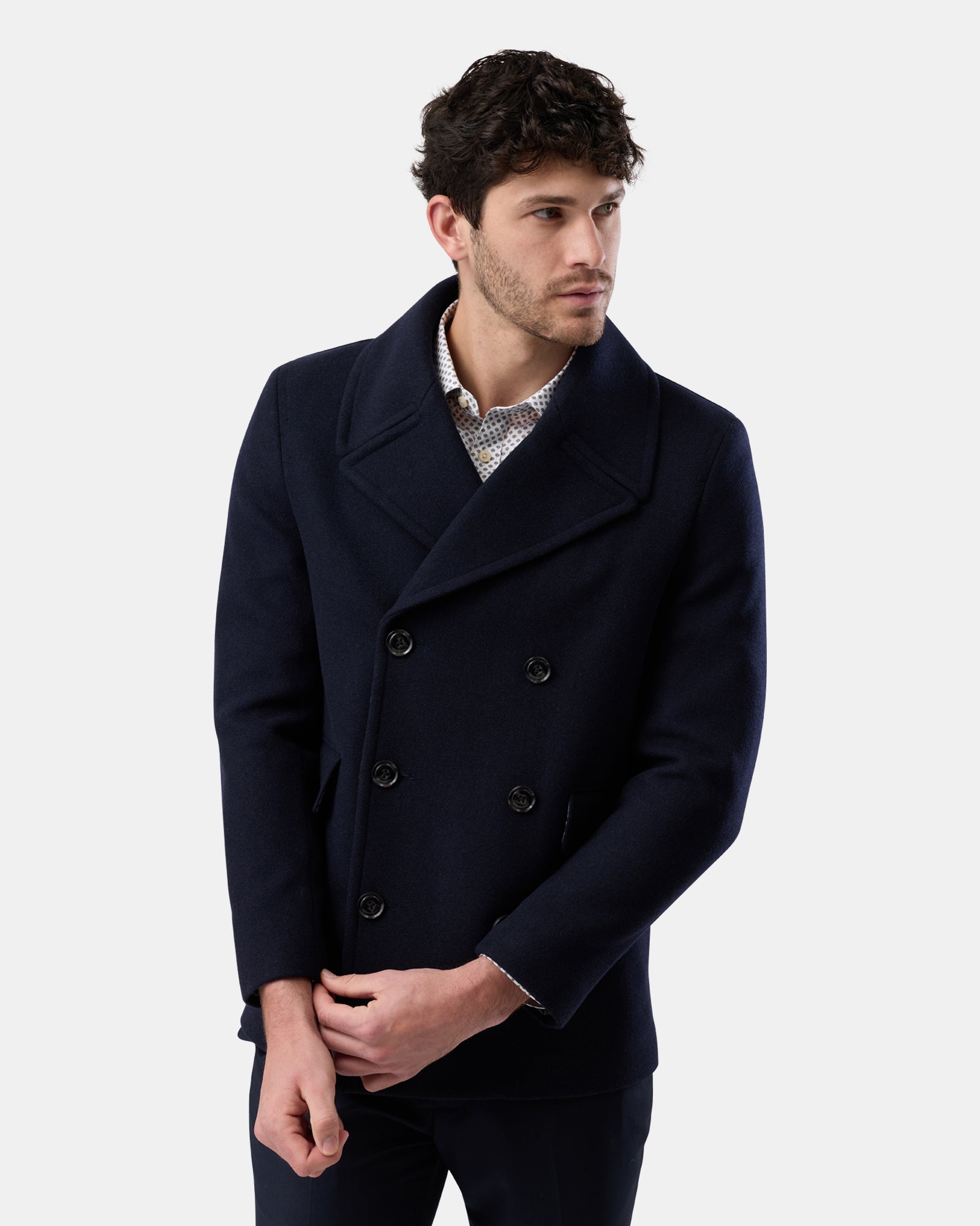 Versatile navy peacoat on man