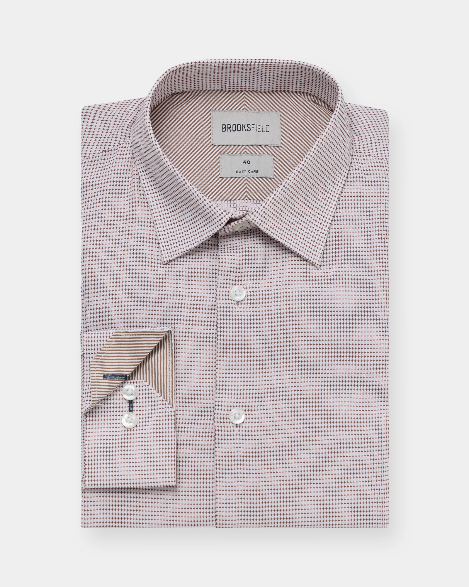 Displayed from the front, the brown regular-fit shirt shows a clean, professional look