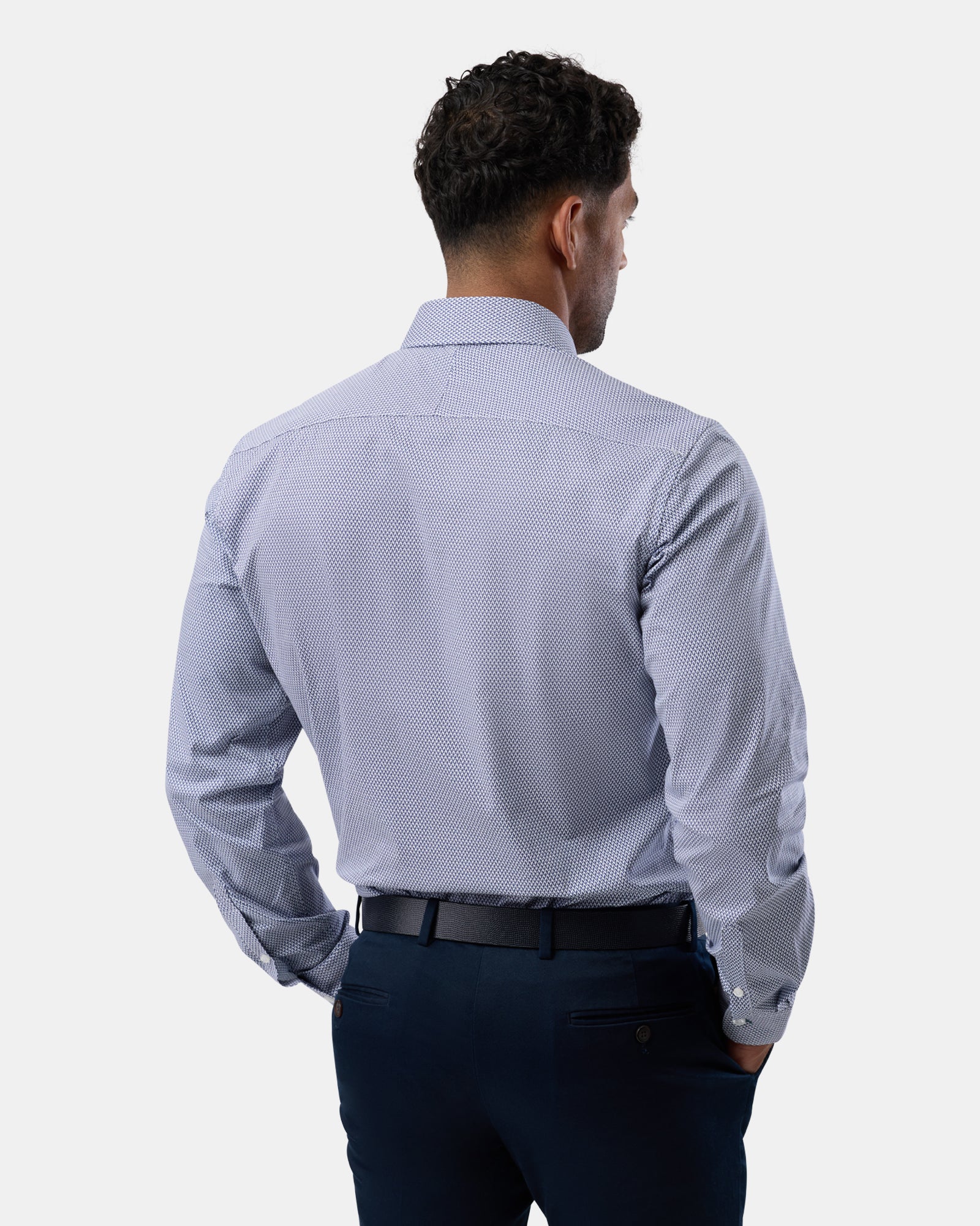 Rear view of blue geometric stretch regular-fit shirt, clean and structured design