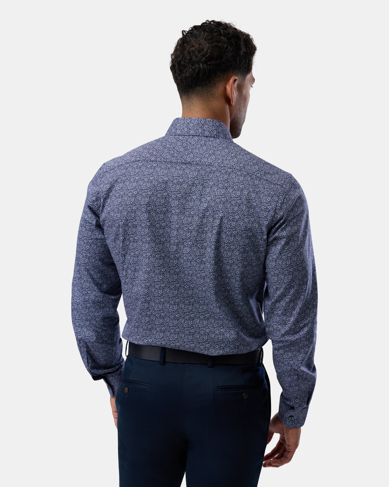Rear view of navy floral stretch regular-fit shirt, clean and structured design