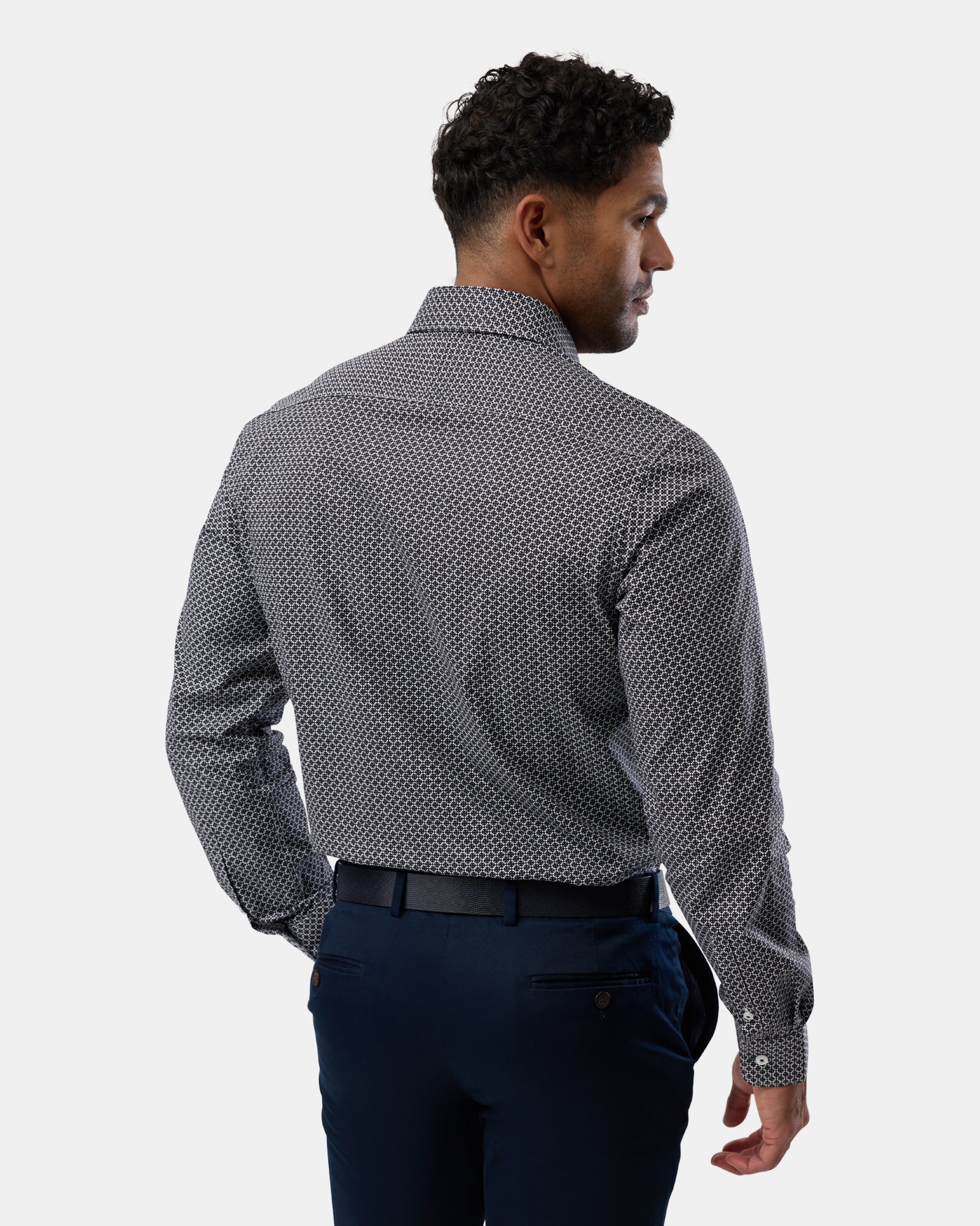 Rear view of black patterned slim-fit shirt, clean and structured design