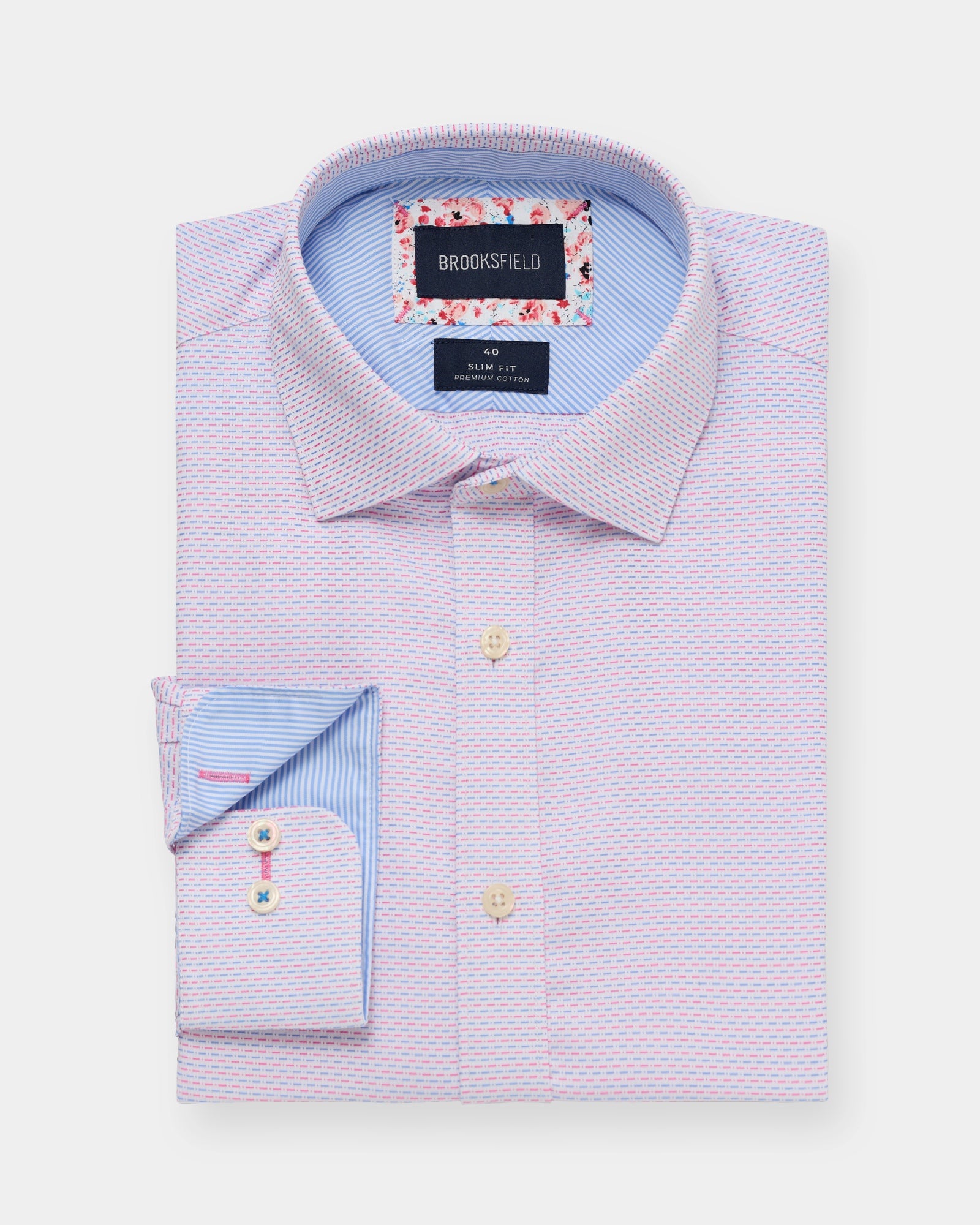 Straight-on view of a pink patterned slim-fit business shirt