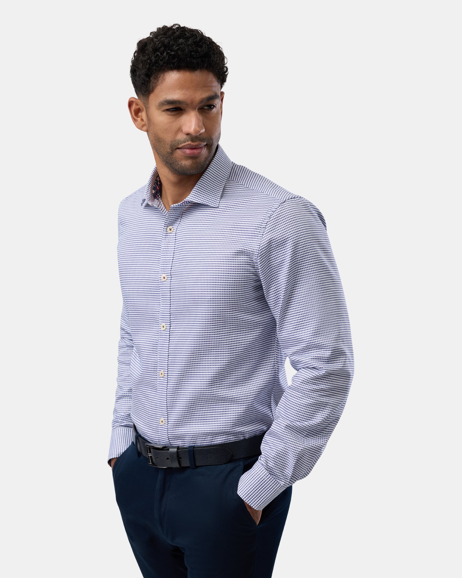 Side angle of blue checkered slim-fit business shirt