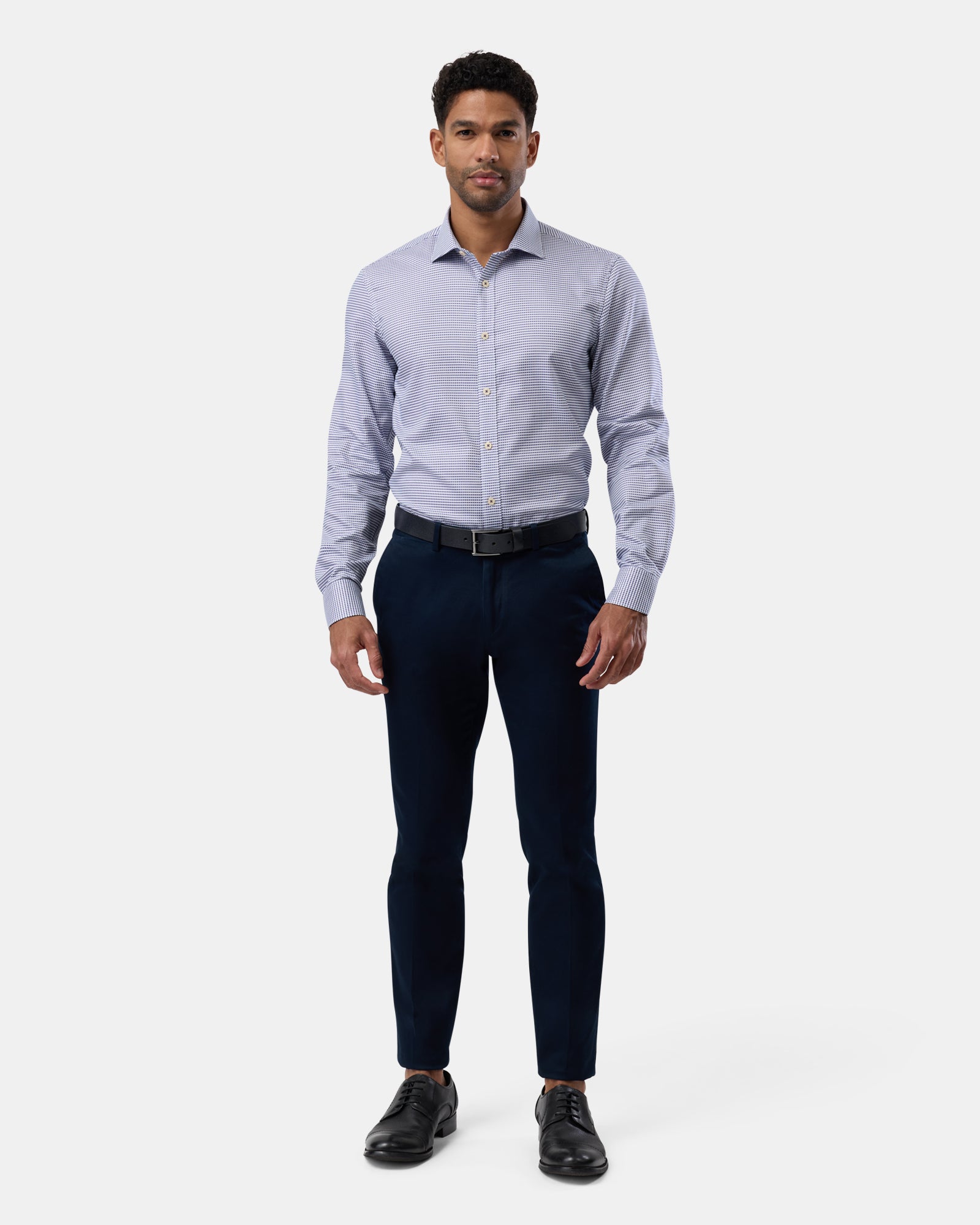 Complete outfit view of blue checkered business shirt