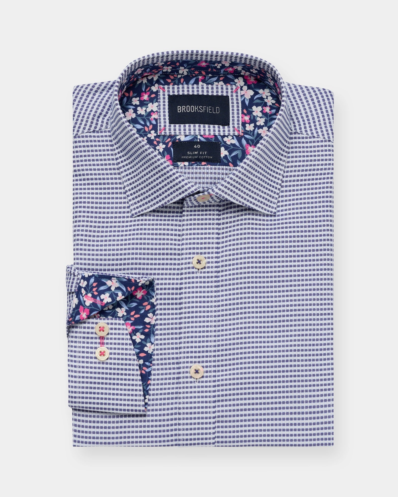 Straight-on view of a blue patterned luxe slim-fit business shirt