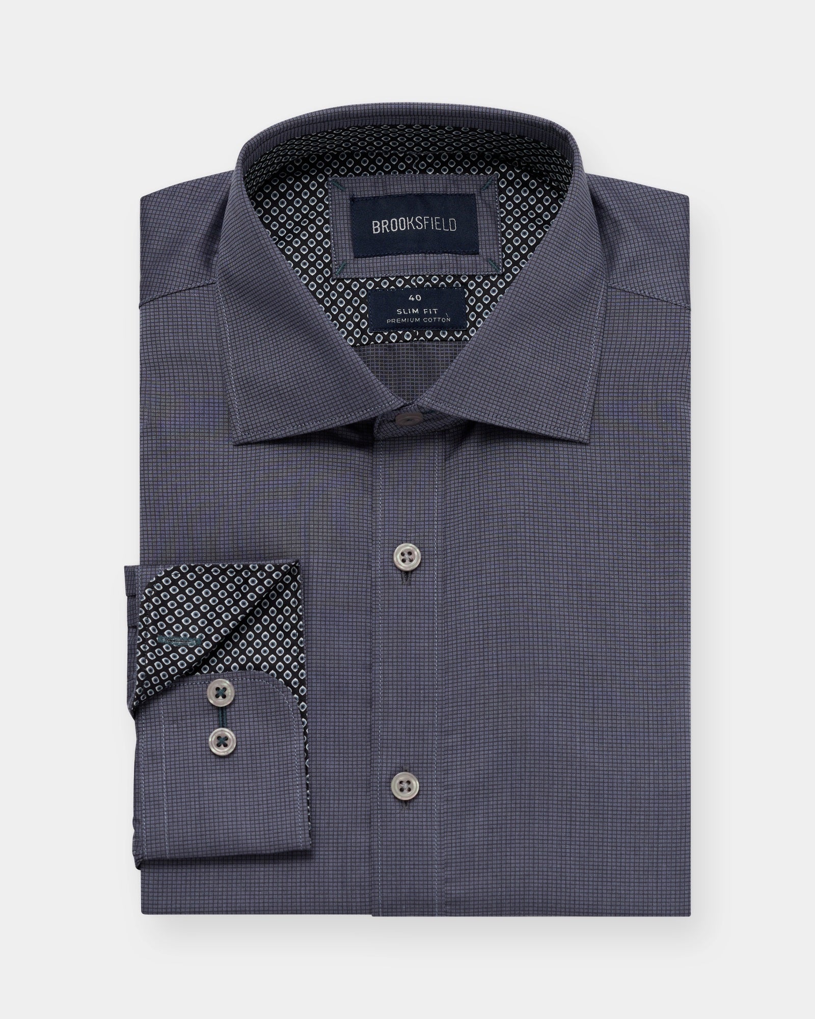 Grey slim-fit business shirt with subtle pattern shown from the front