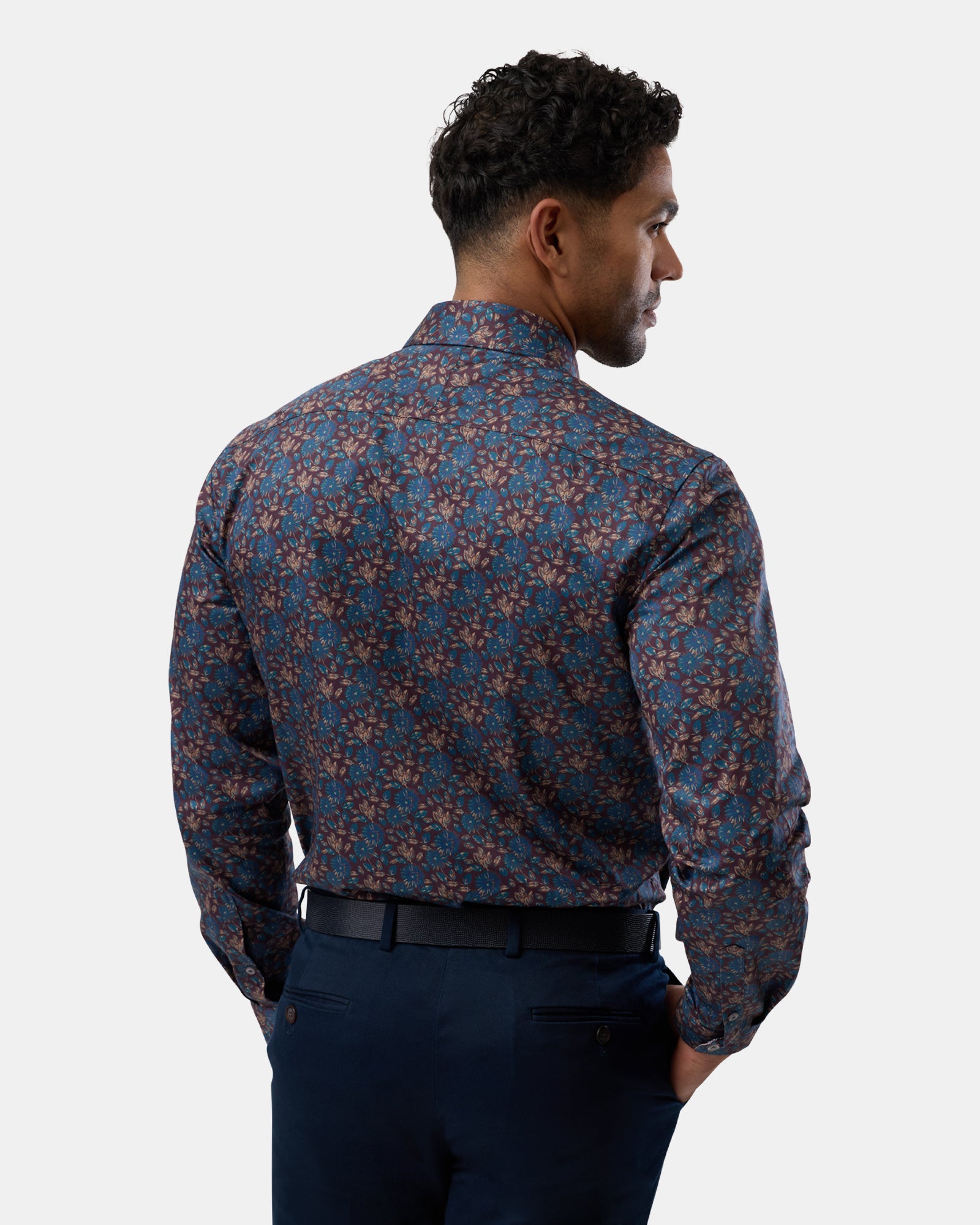 Rear shot of brown floral patterned slim-fit business shirt