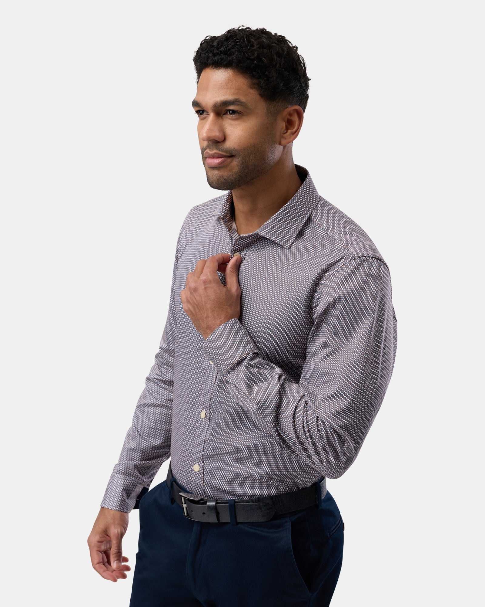 Profile perspective of man in brown patterned business shirt