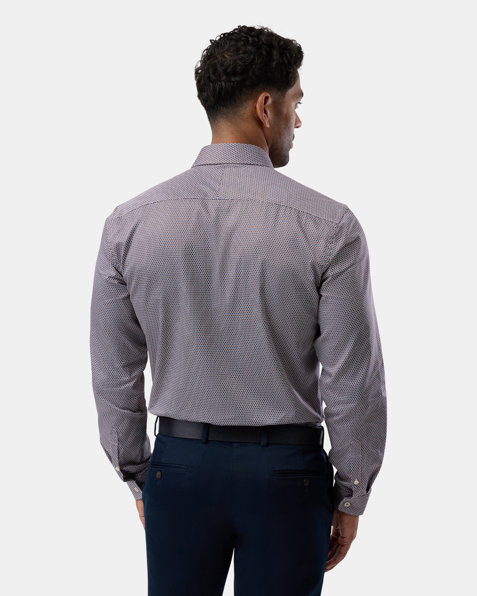 Rear shot of brown slim-fit business shirt with subtle pattern, clean finish