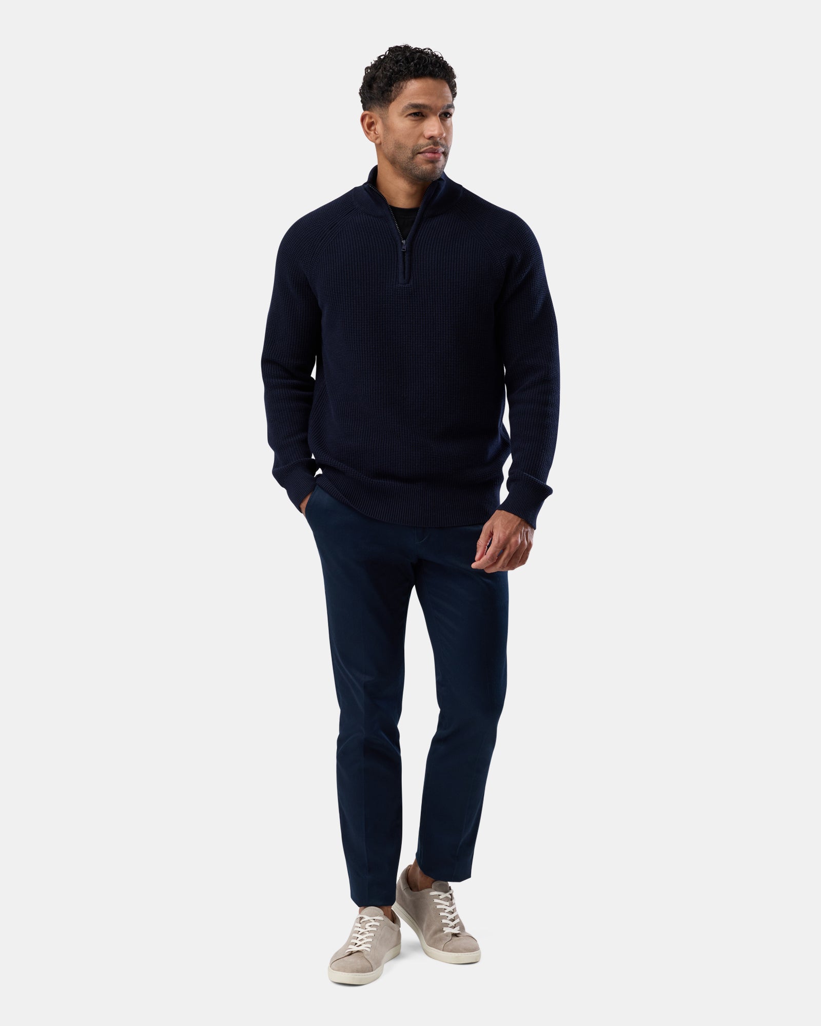 Men’s navy half zip knit sweater, Full Length