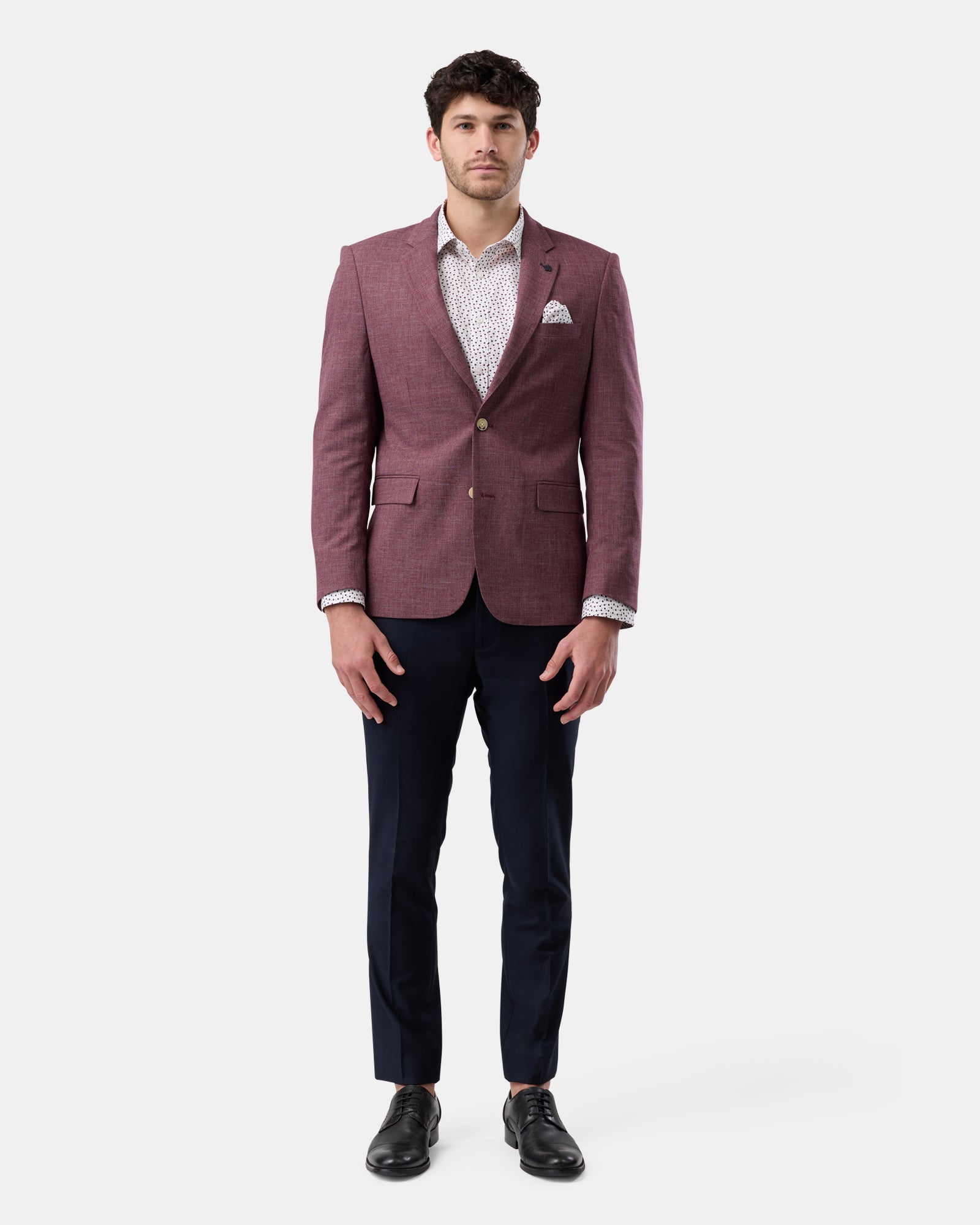 Full outfit view of burgundy fully lined blazer