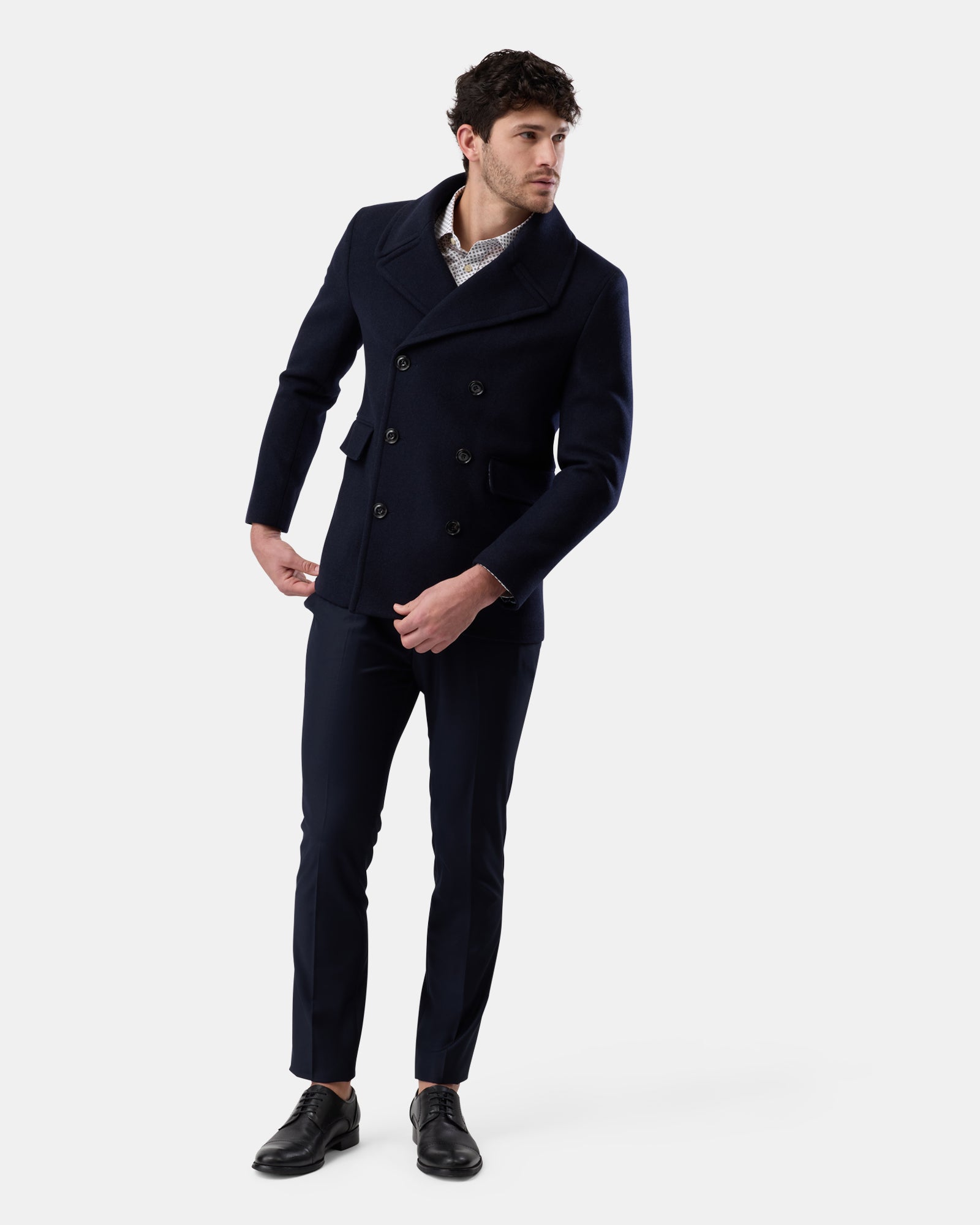 Man wearing navy wool blend peacoat